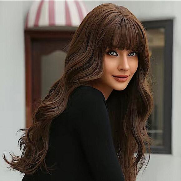 Dark Brown Long Layers 24 Inch Wig With Bangs - Picture 1 of 8